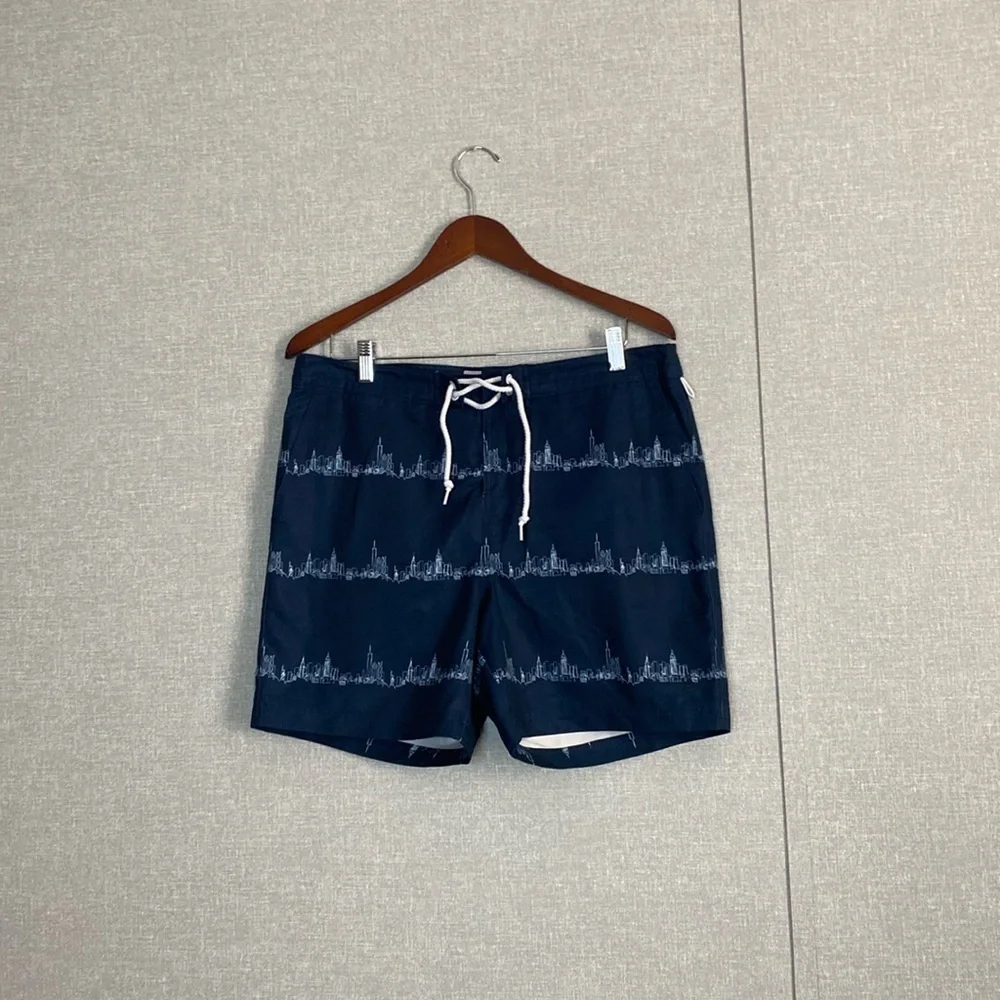 NWOT Original Penguin Blue Swim Trunks with Skyline Pattern